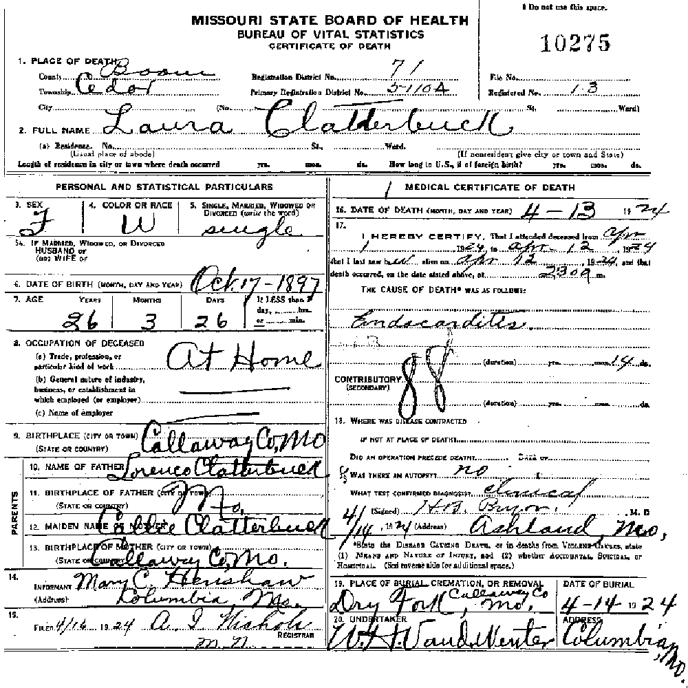 Death Certificate of Clatterbuck, Laura