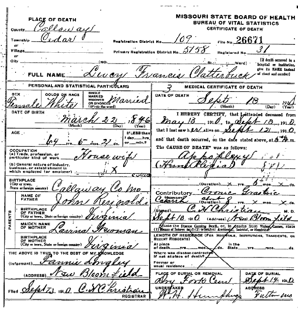 Death certificate of Clatterbuck, Lucy Francis Reynolds