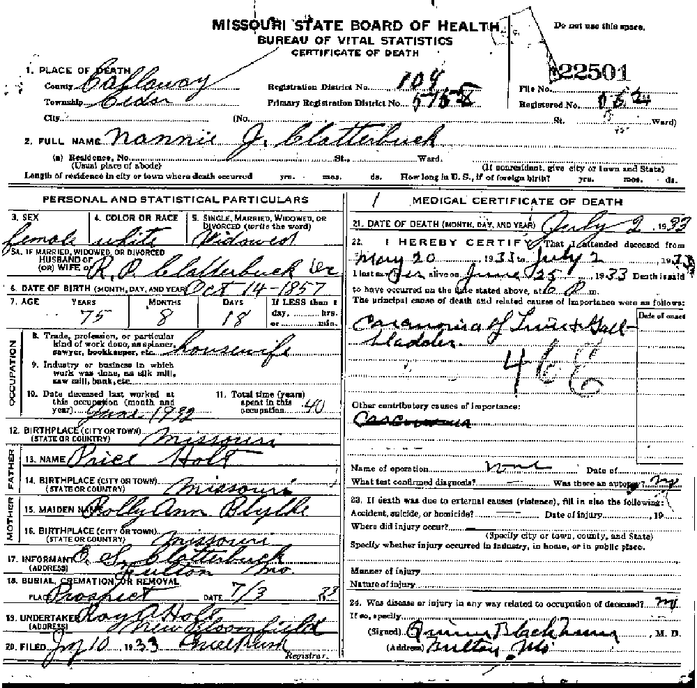 Death Certificate of Clatterbuck, Nancy J. Holt