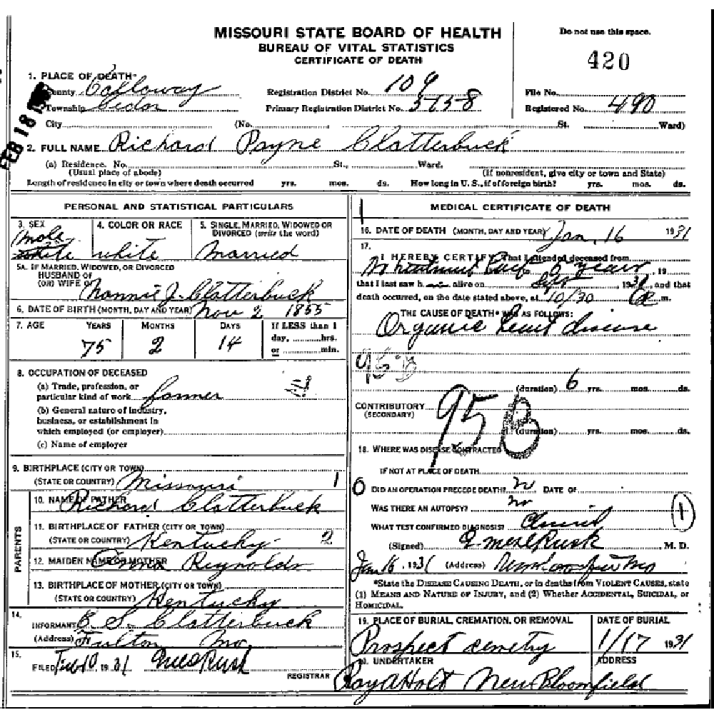 Death certificate of Clatterbuck, Richard Payne