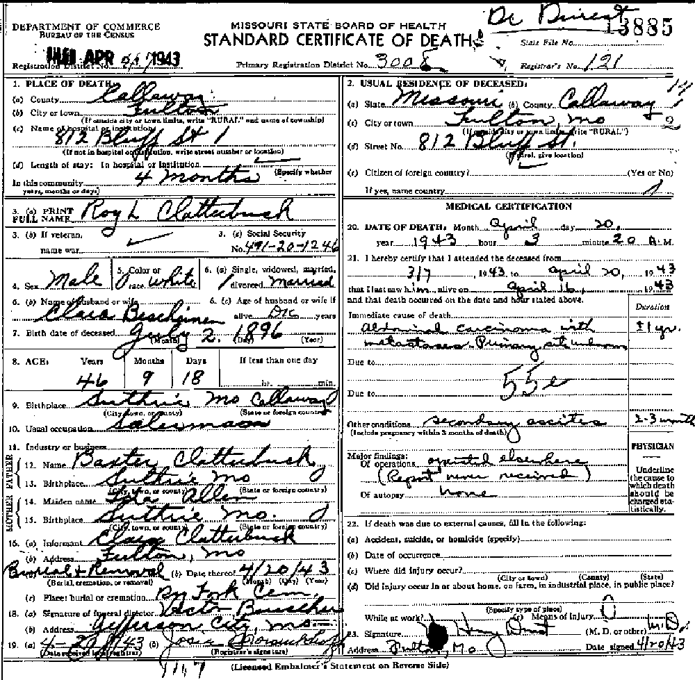 Death Certificate of Clatterbuck, Roy Allen