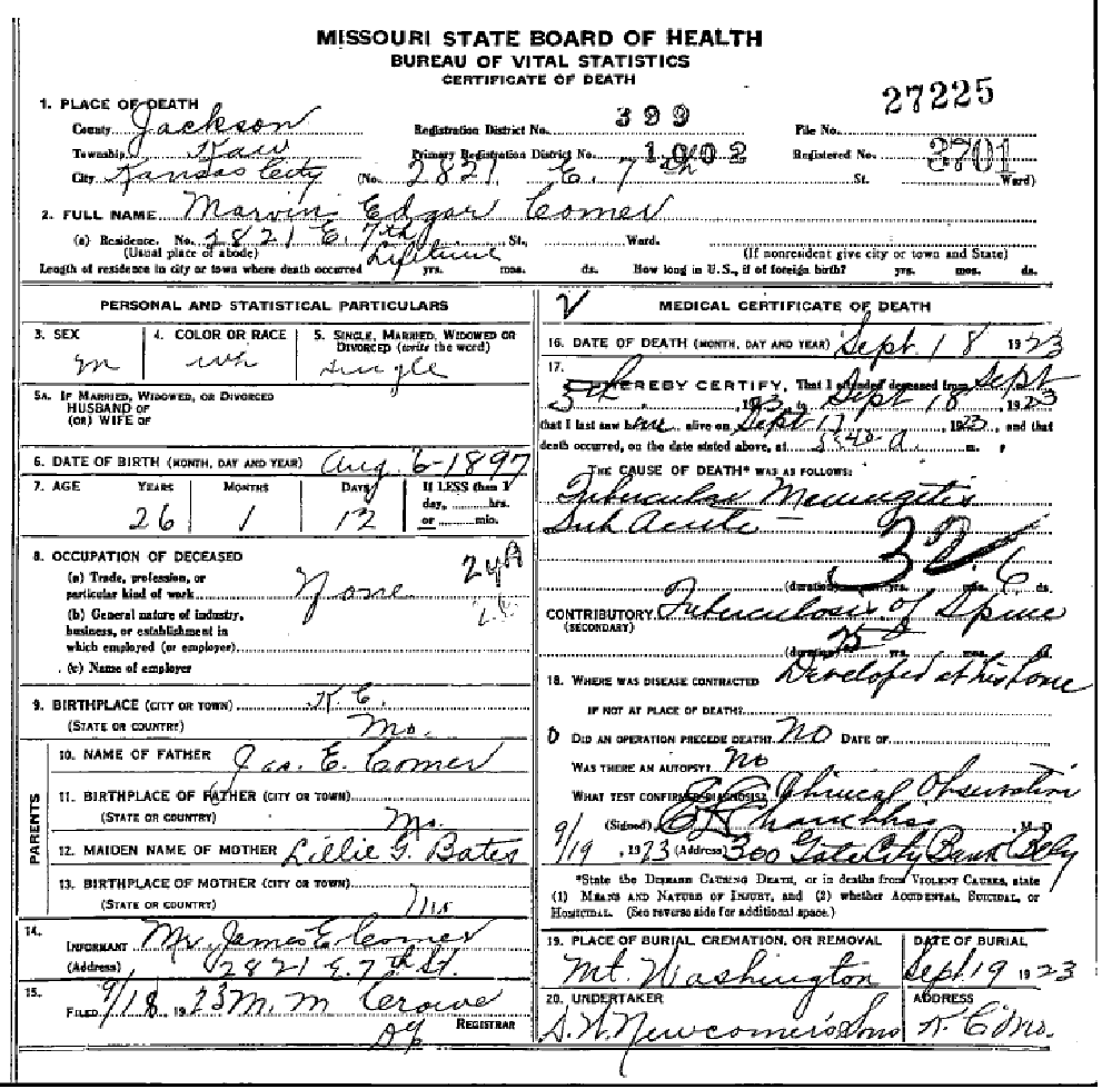 Death certificate of Comer, Marvin Edgar