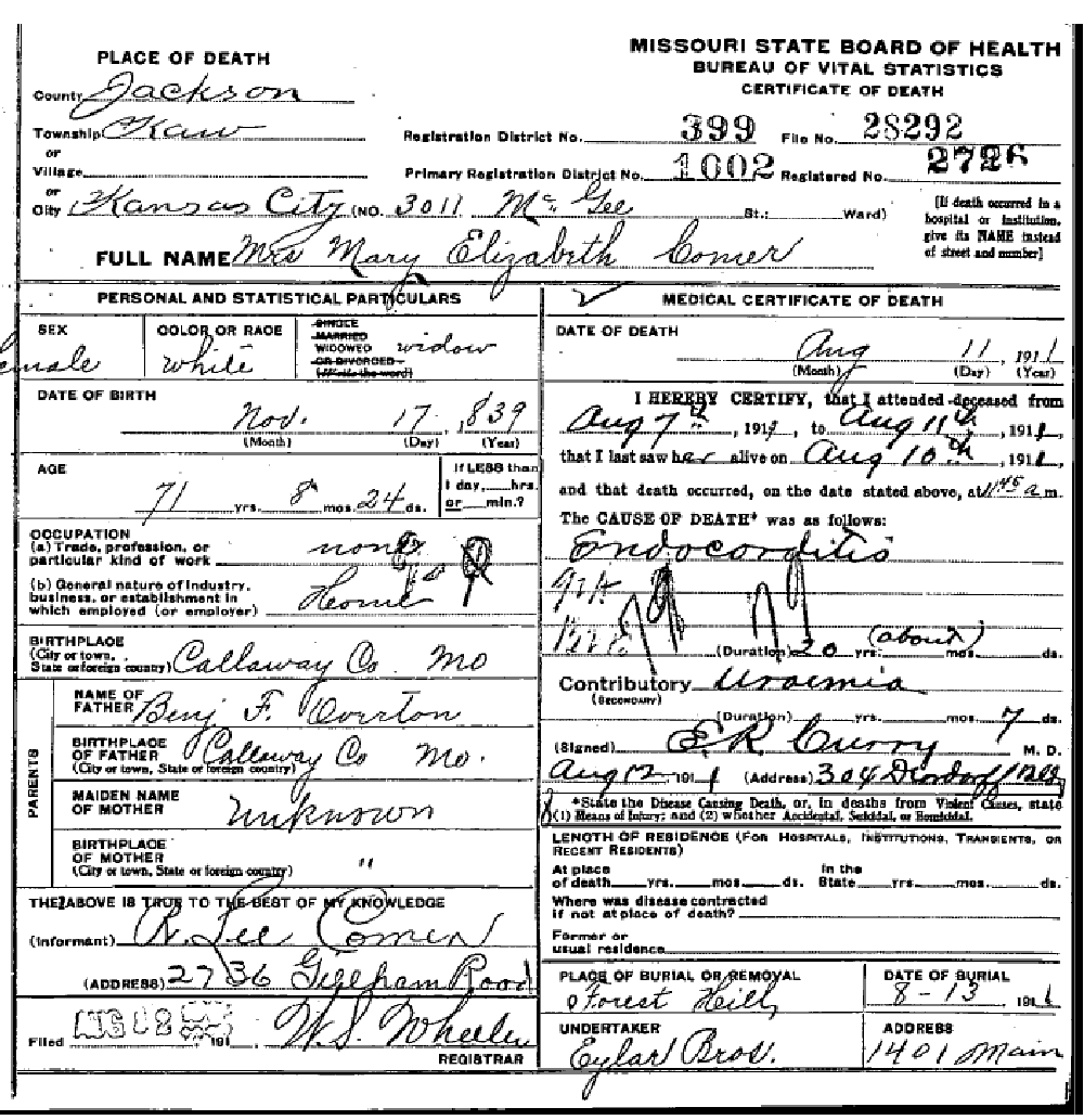 Death certificate of Comer, Mary Elizabeth Overton