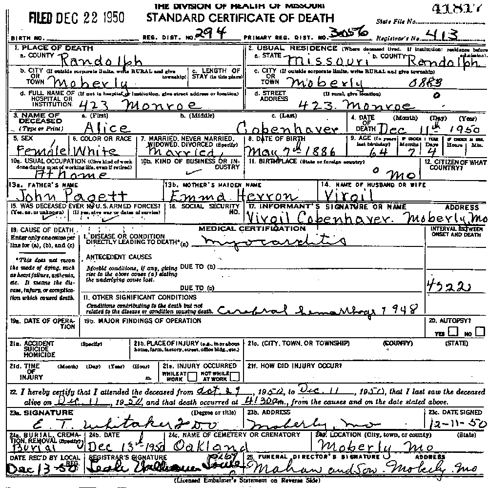 Death Certificate of Copenhaver, Alice Pagett