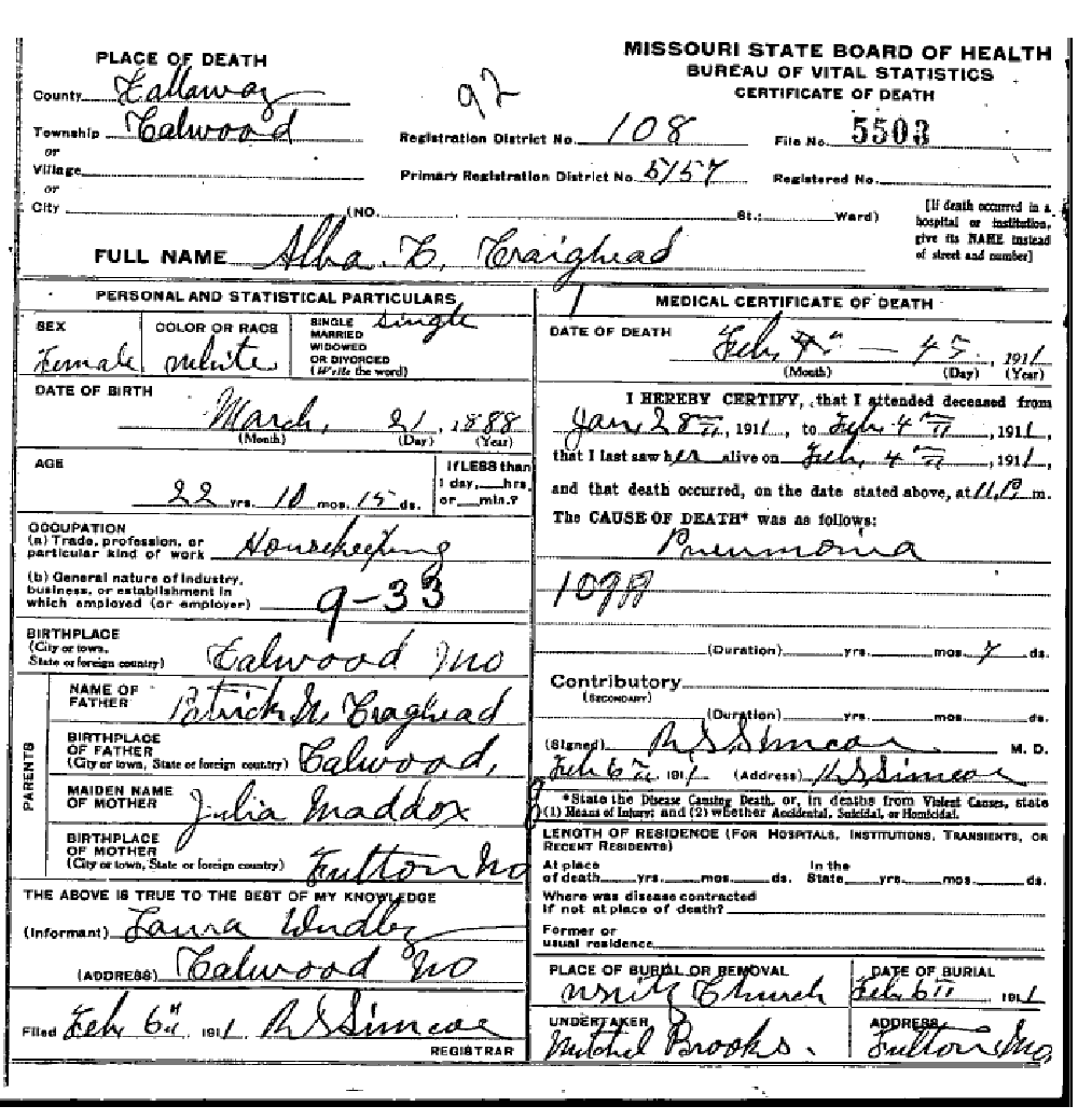 Death certificate of Craighead, Alba