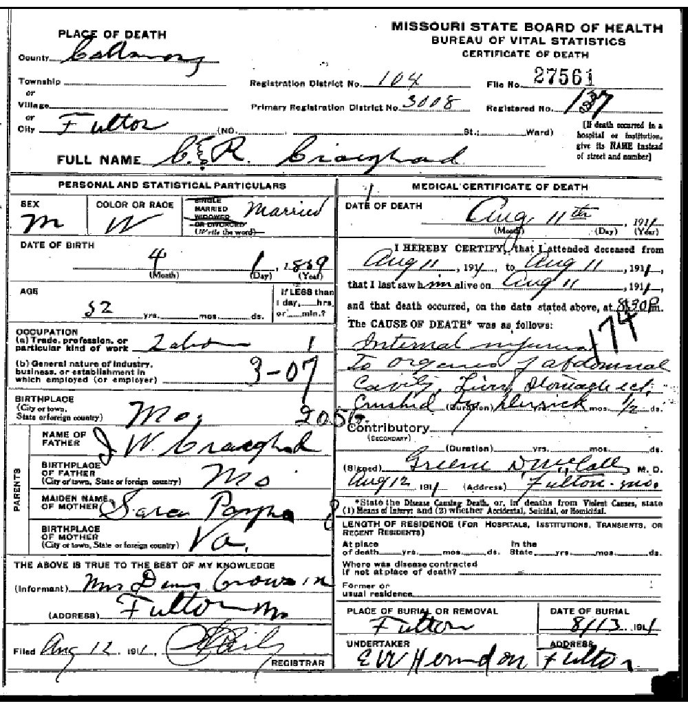 Death certificate of Craighead, Charles R.