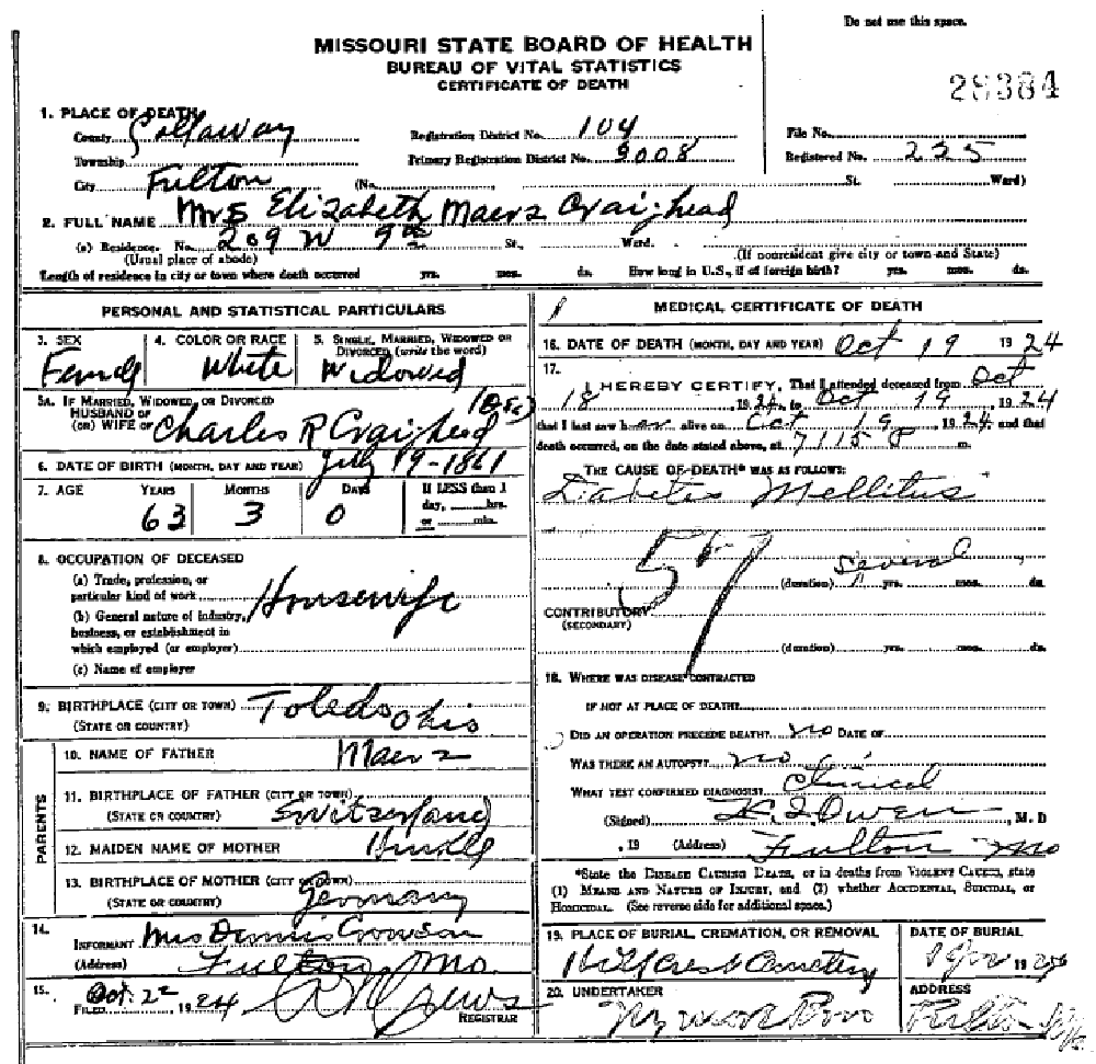 Death certificate of Craighead, Elizabeth Maerz