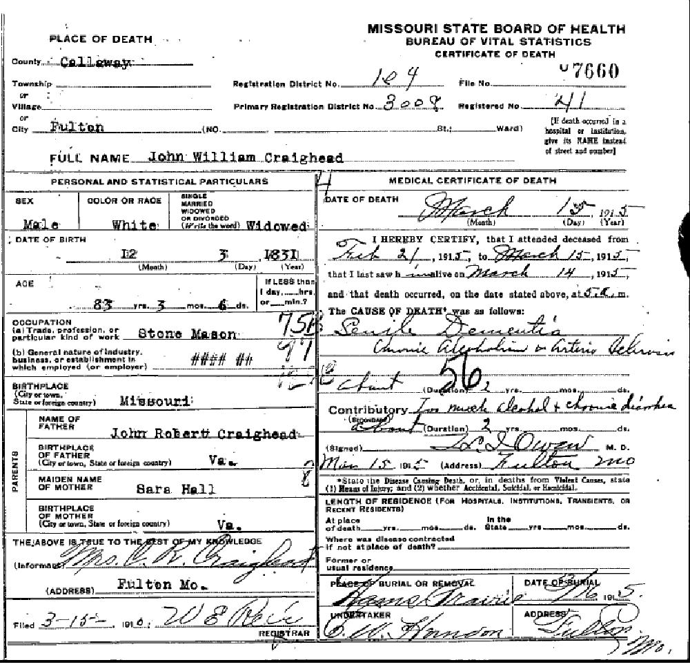 Death certificate of Craighead, John William
