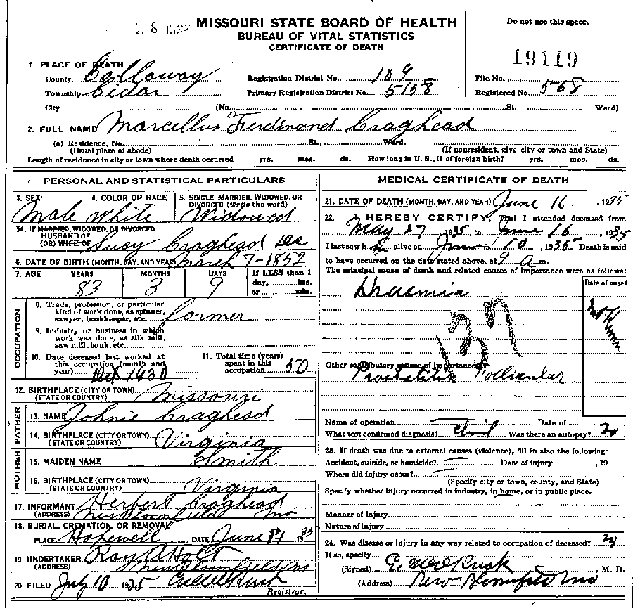 Death Certificate of Craghead, Marcellus Ferdinand