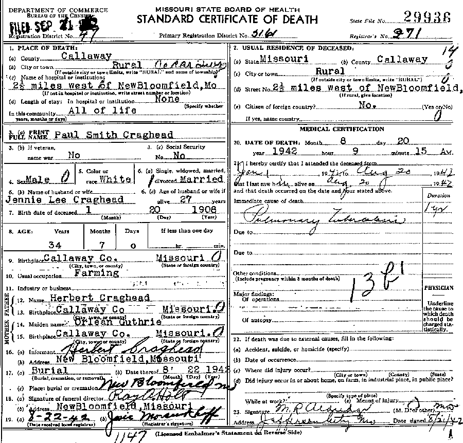 Death Certificate of Craghead, Paul Smith