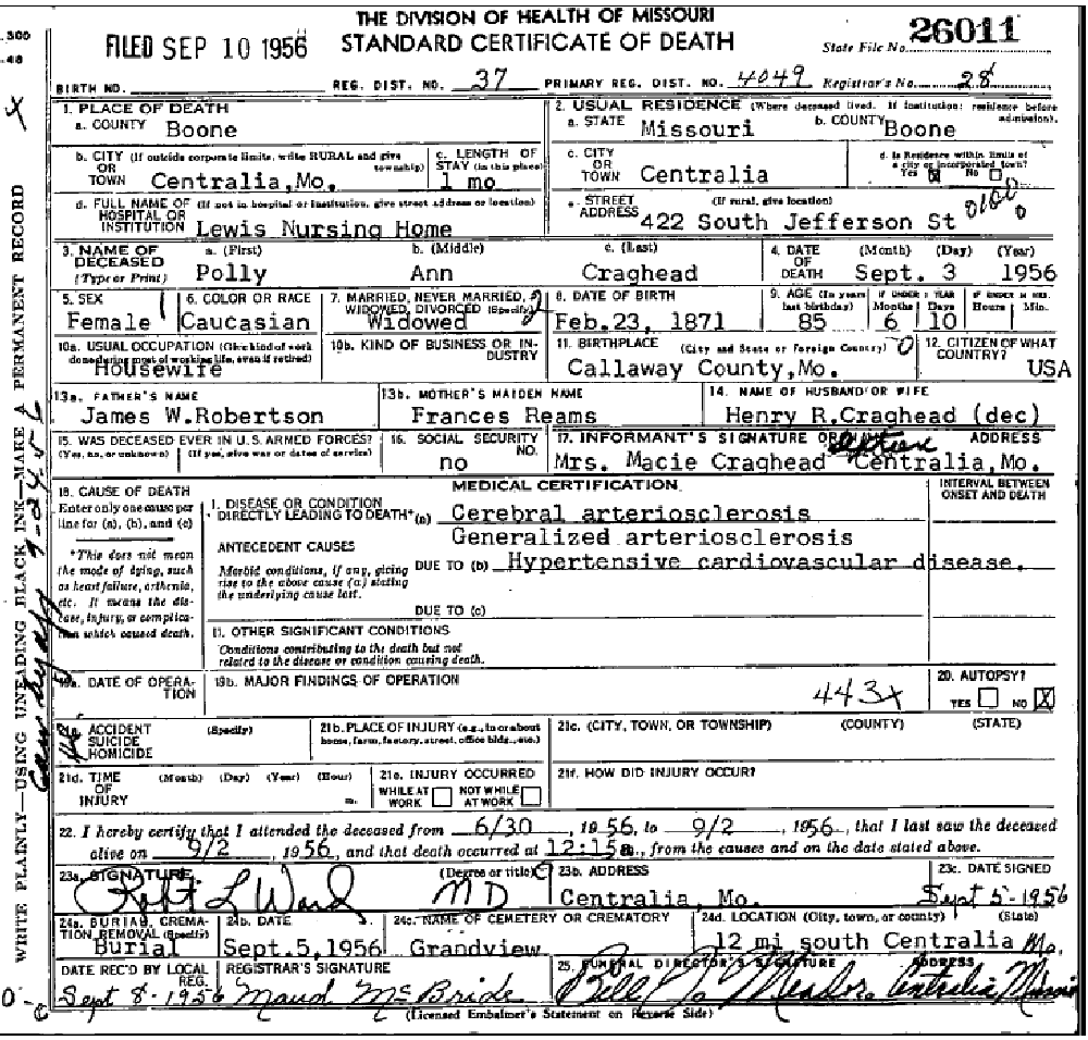 Death certificate of Craghead, Polly Ann Robertson