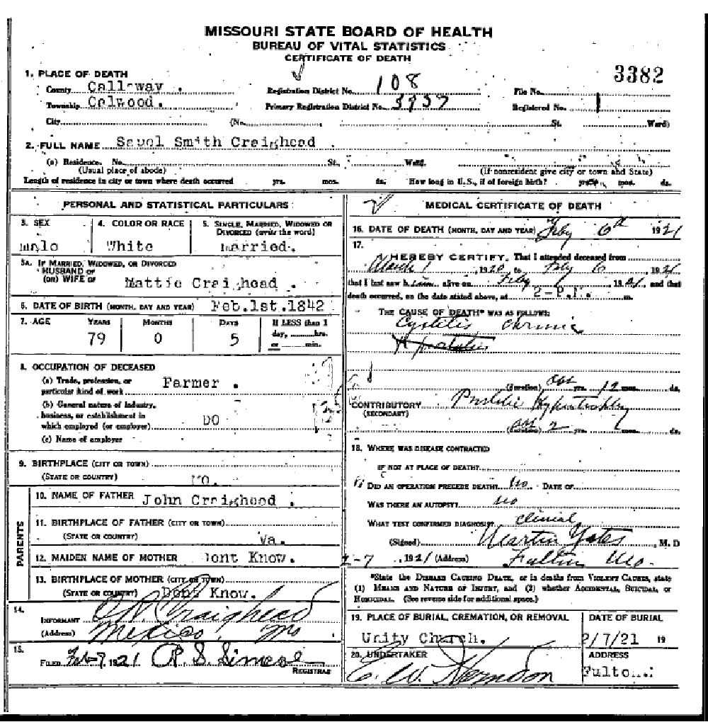 Death certificate of Craighead, Samuel Smith