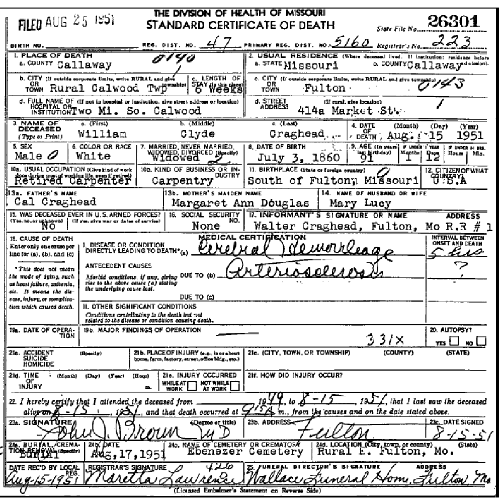 Death certificate of Craghead, William Clyde