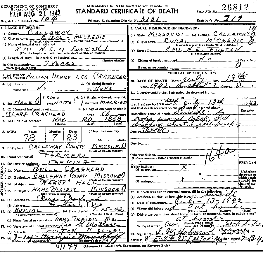 Death Certificate of Craghead, William Henry Lee