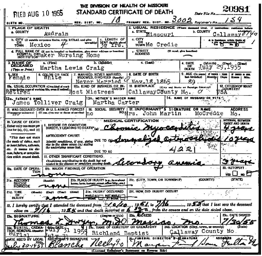 Death certificate of Craig, Martha Lewis