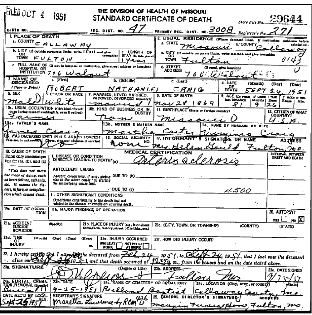 Death certificate of Craig, Robert Nathan