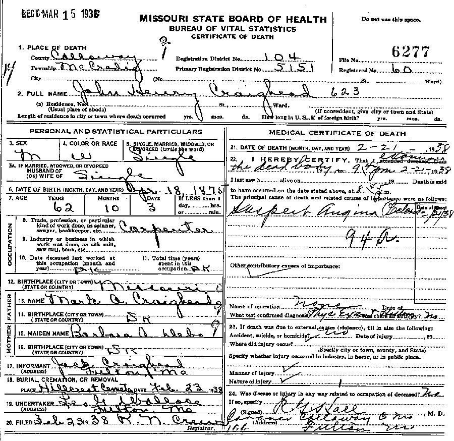 Death Certificate of Craighead, John Henry