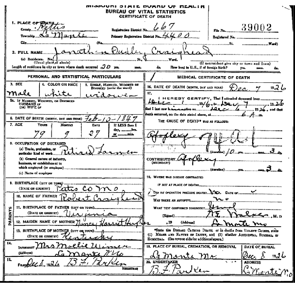 Death certificate of Craighead, Jonnathon Dudley