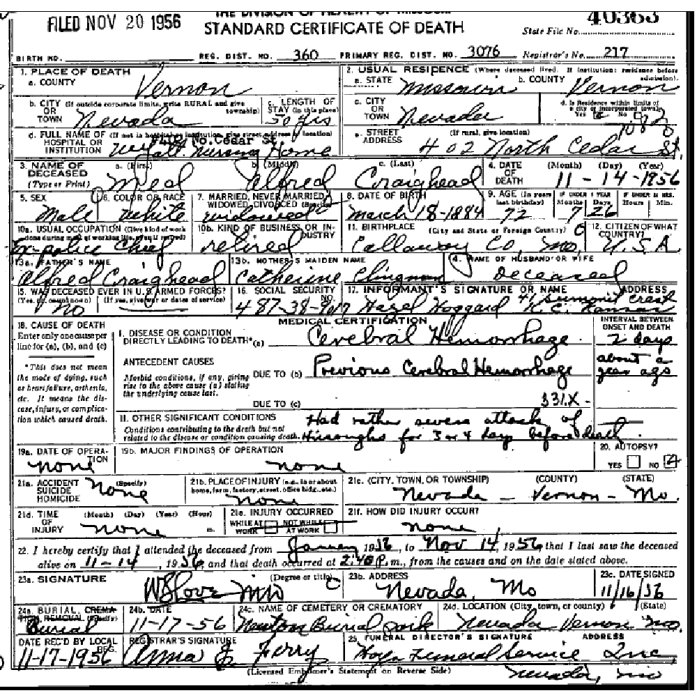 Death certificate of Craighead, Med Alfred