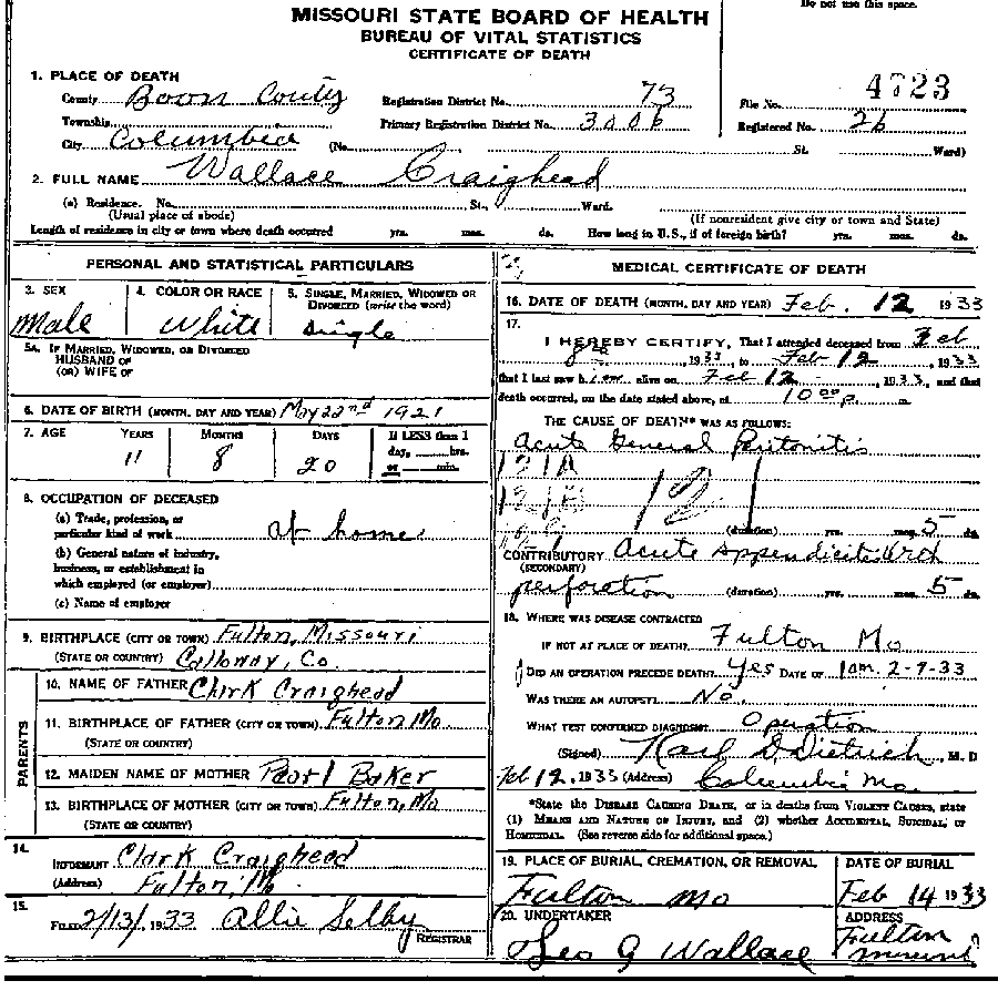 Death Certificate of Craighead, Wallace Clark