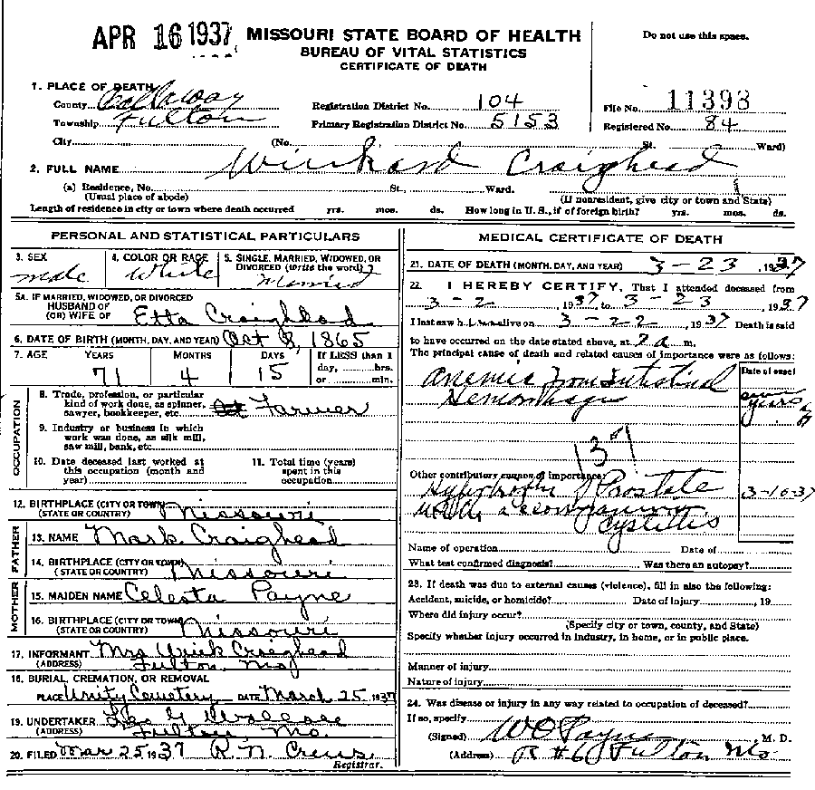 Death Certificate of Craighead, Winkard