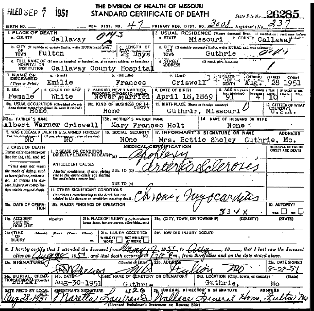 Death certificate of Criswell, Emily
