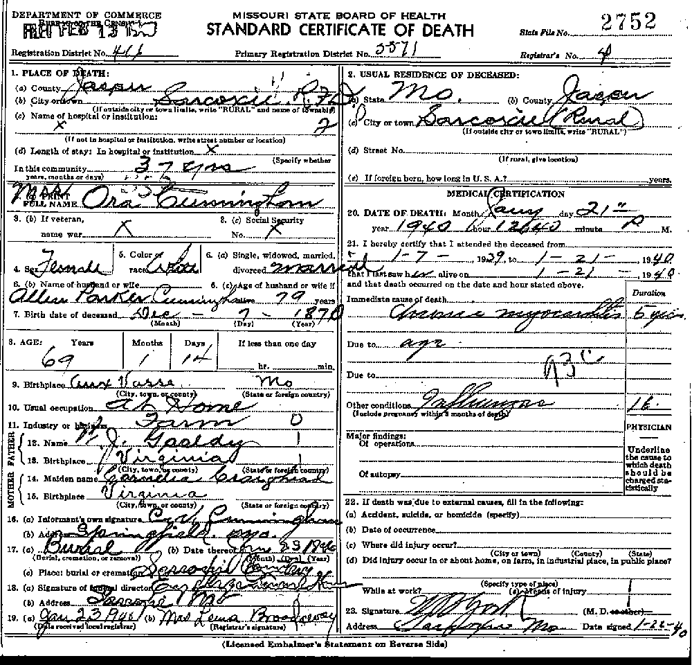 Death Certificate of Cunningham, Ora Lea Gooldy