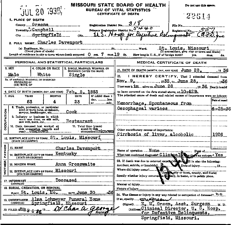 Death Certificate of Davenport, Charles