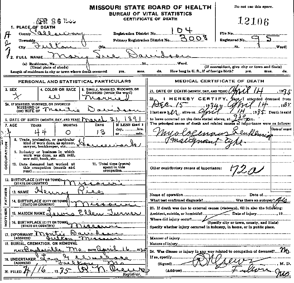 Death Certificate of Davidson, Mary Sue Rice