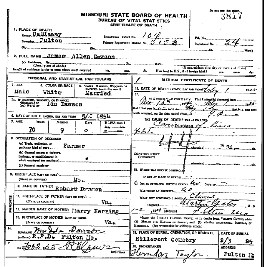 Death certificate of Dawson, James Allen