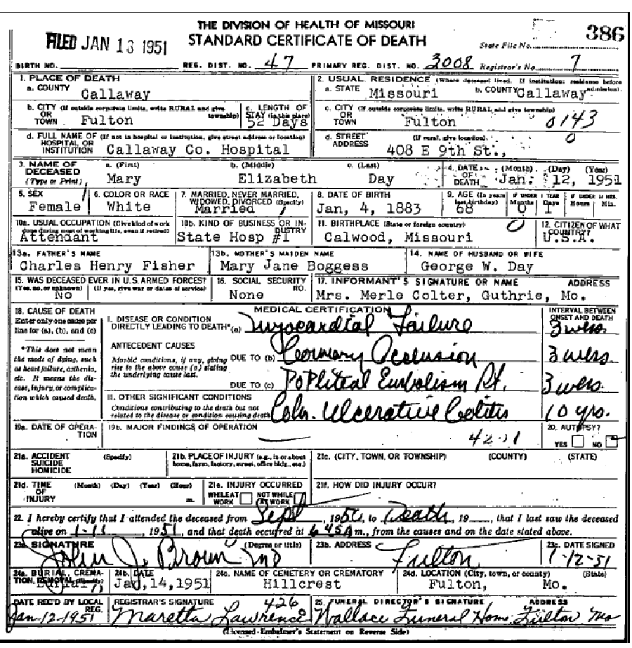 Death certificate of Day, Mary Elizabeth Fisher
