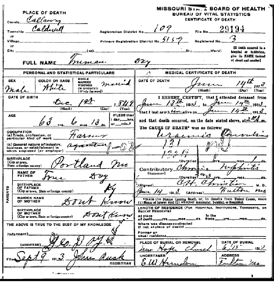 Death certificate of Day, Truman (Bud)