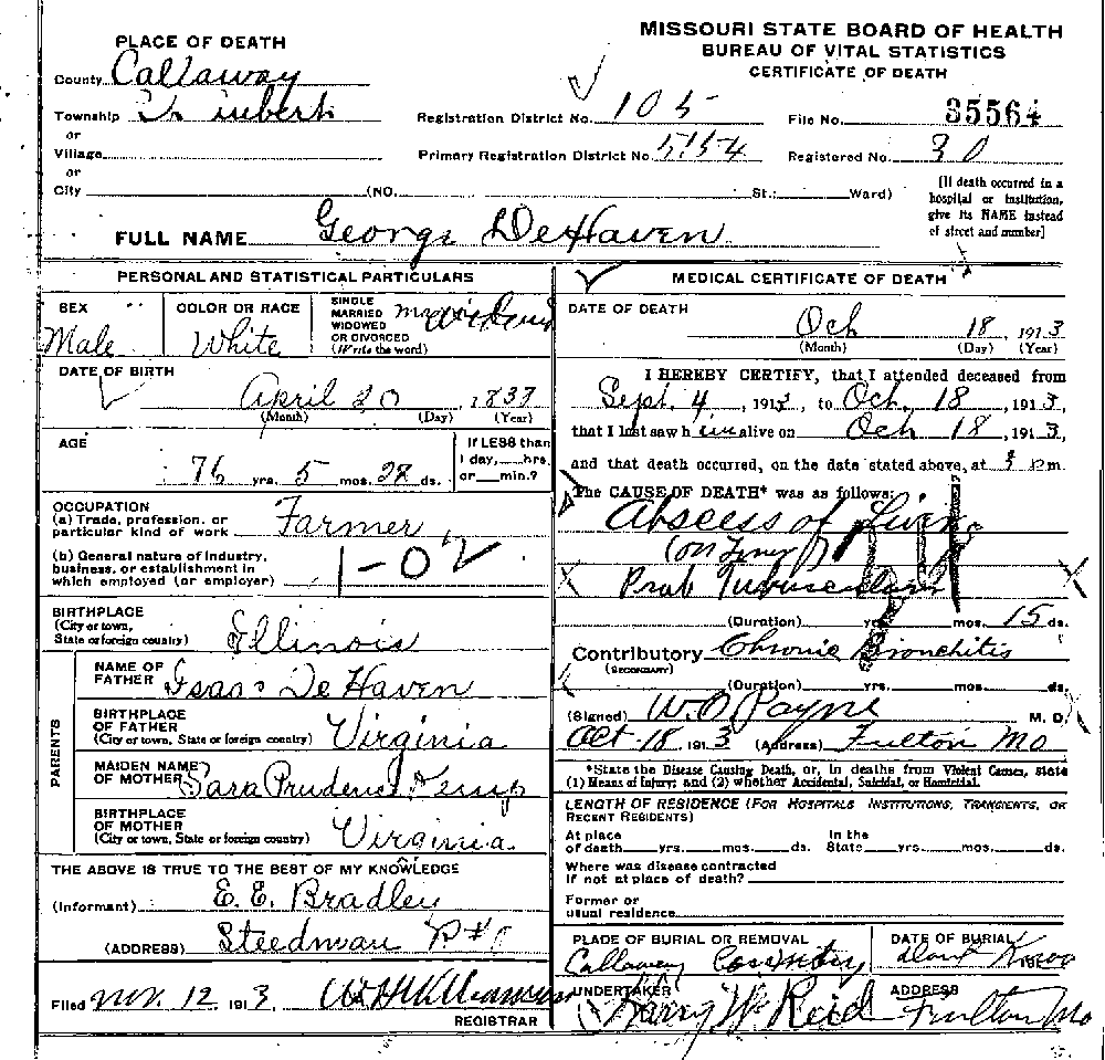 Death Certificate of DeHaven, George L.