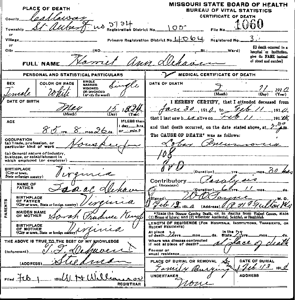 Death Certificate of DeHaven, Harriet Ann