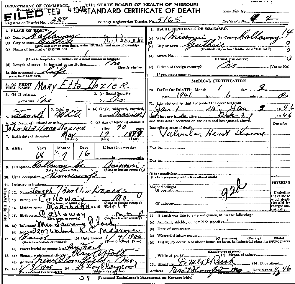 Death Certificate of Dozier, Mary Etta Emmons