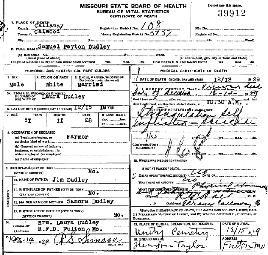 Death certificate of Dudley, Samuel Payton