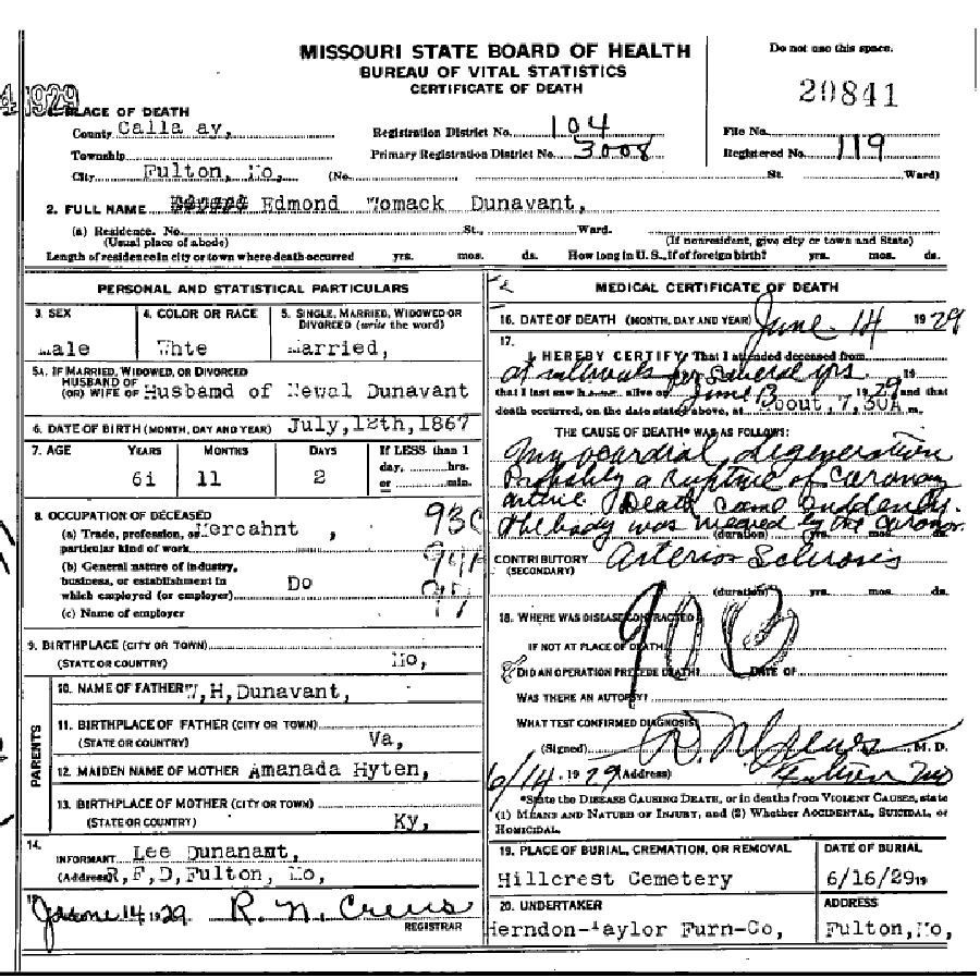Death certificate of Dunavant, Edmund Womack