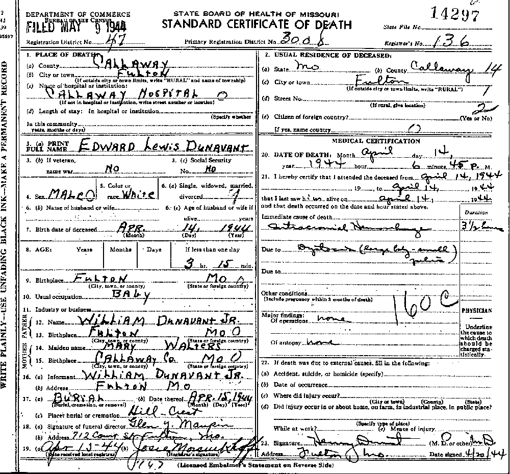 Death Certificate of Dunavant, Edward Louis