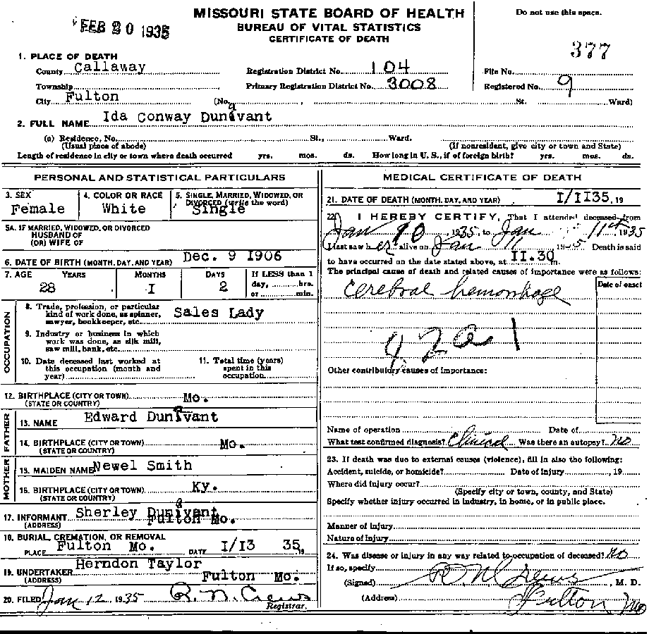 Death Certificate of Dunavant, Ida Conway