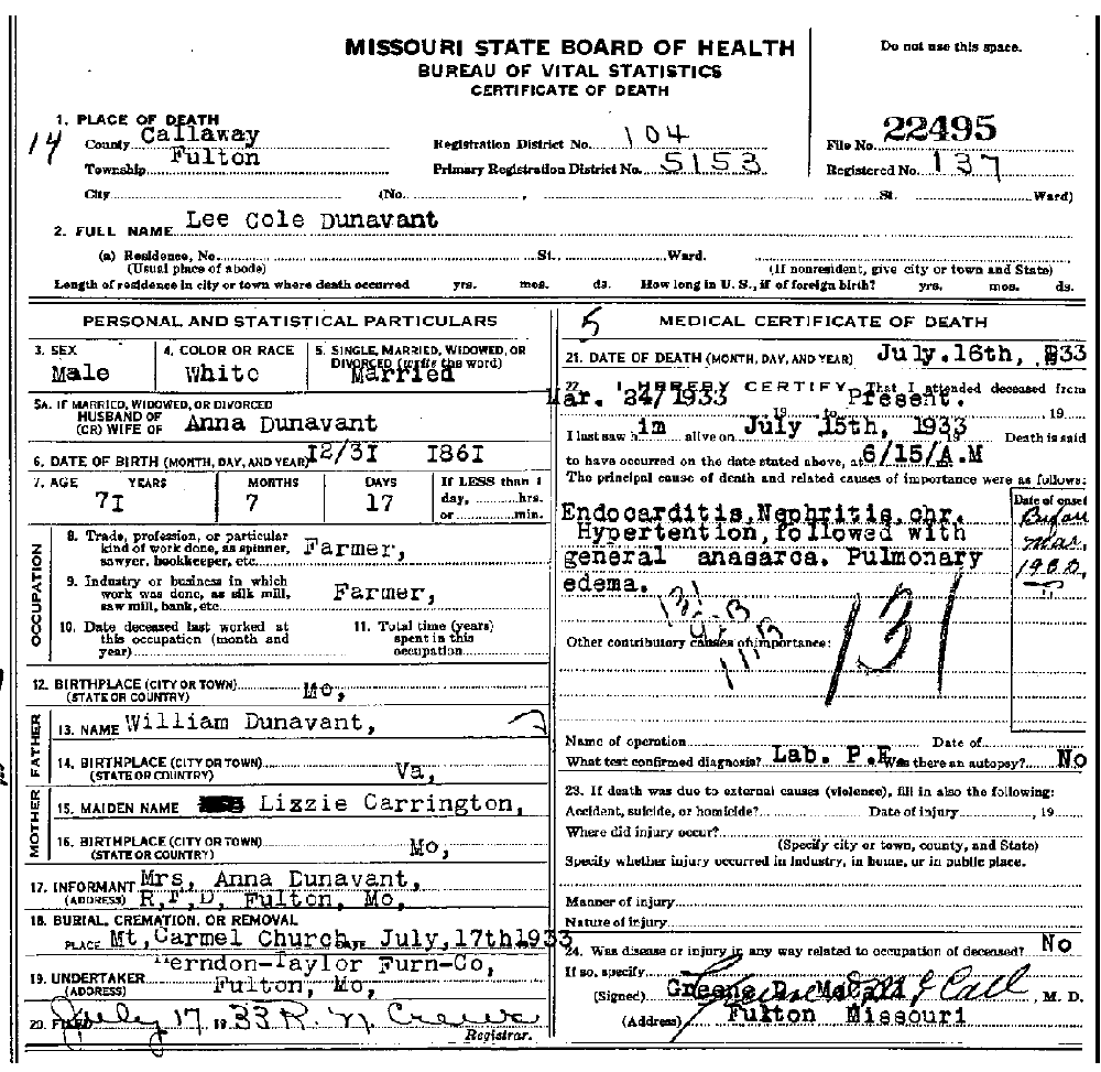 Death Certificate of Dunavant, Lee Cole