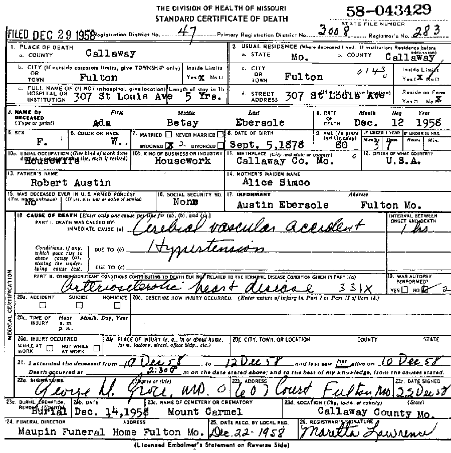 Death Certificate of Ebersole, Ada Betsy Wright