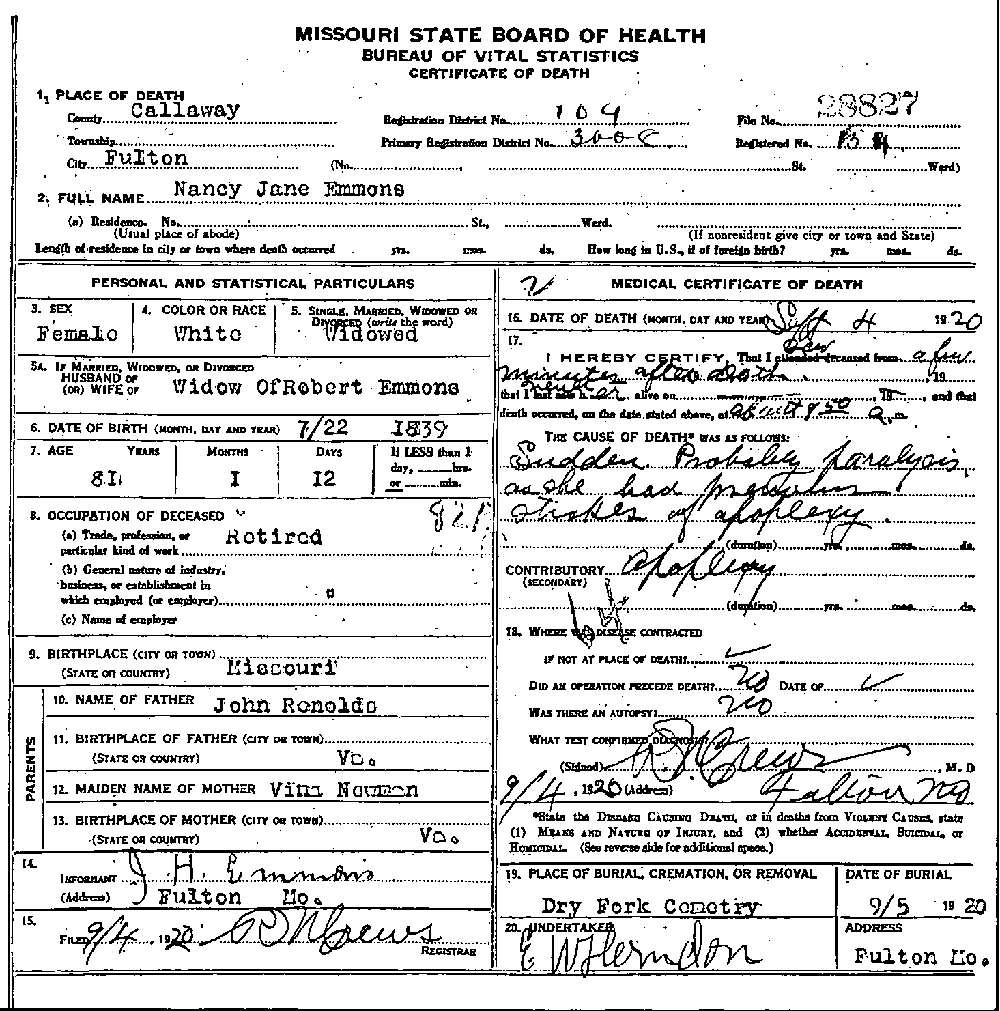 Death Certificate of Emmons, Nancy Jane Reynolds