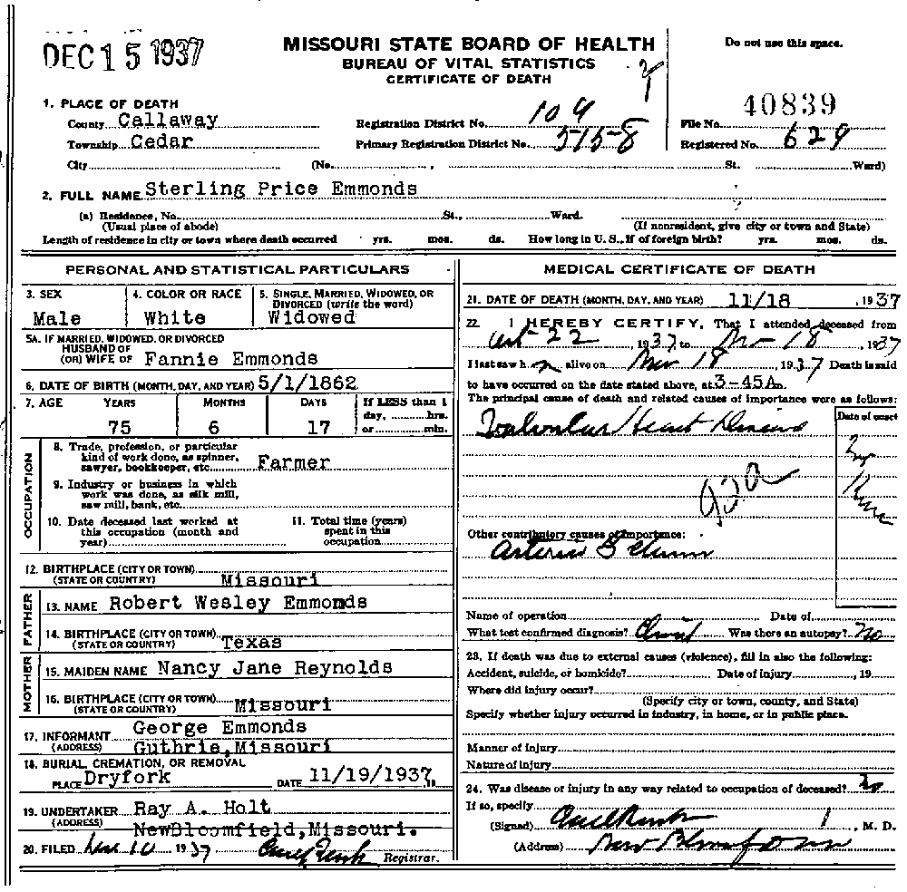 Death Certificate of Emmons, Sterling Price