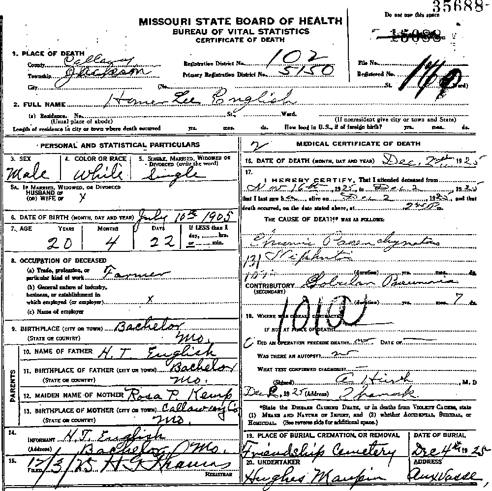 Death Certificate of English, Homer Lee