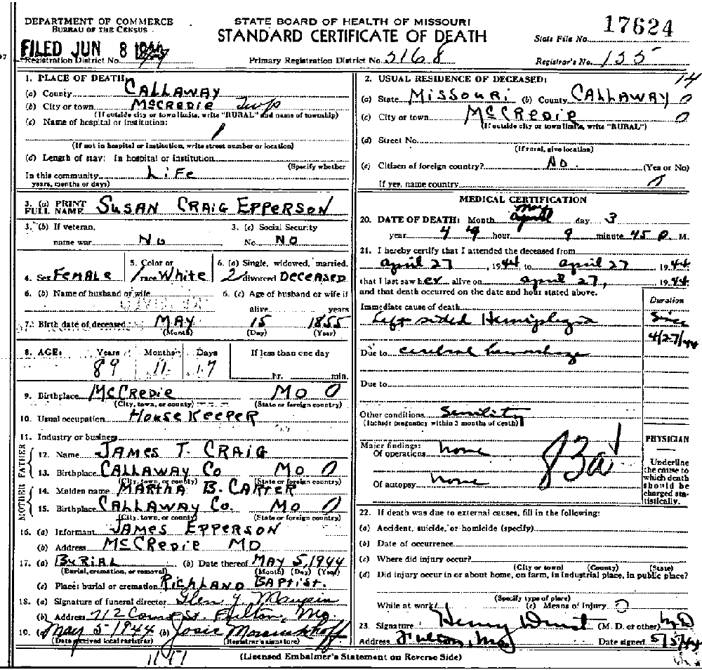 Death Certificate of Epperson, Susan W. Craig