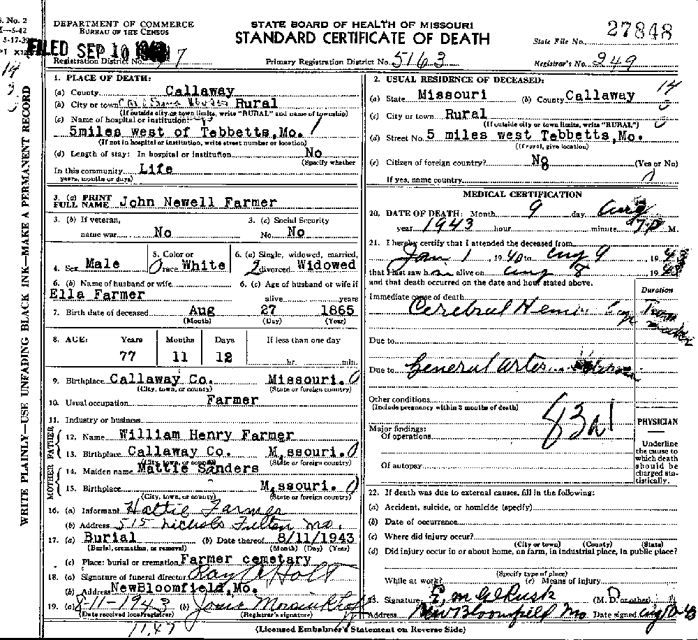 Death Certificate of Farmer, John Newell
