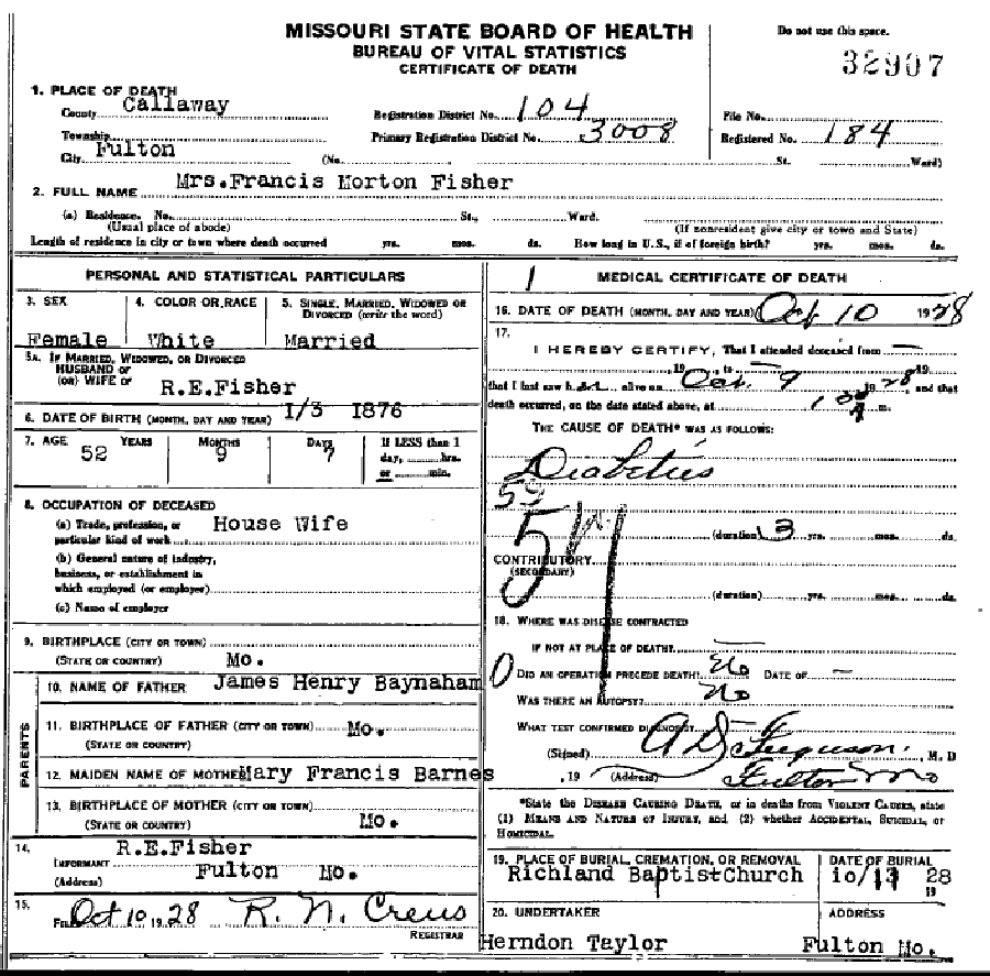 Death certificate of Fisher, Frances M. Baynham