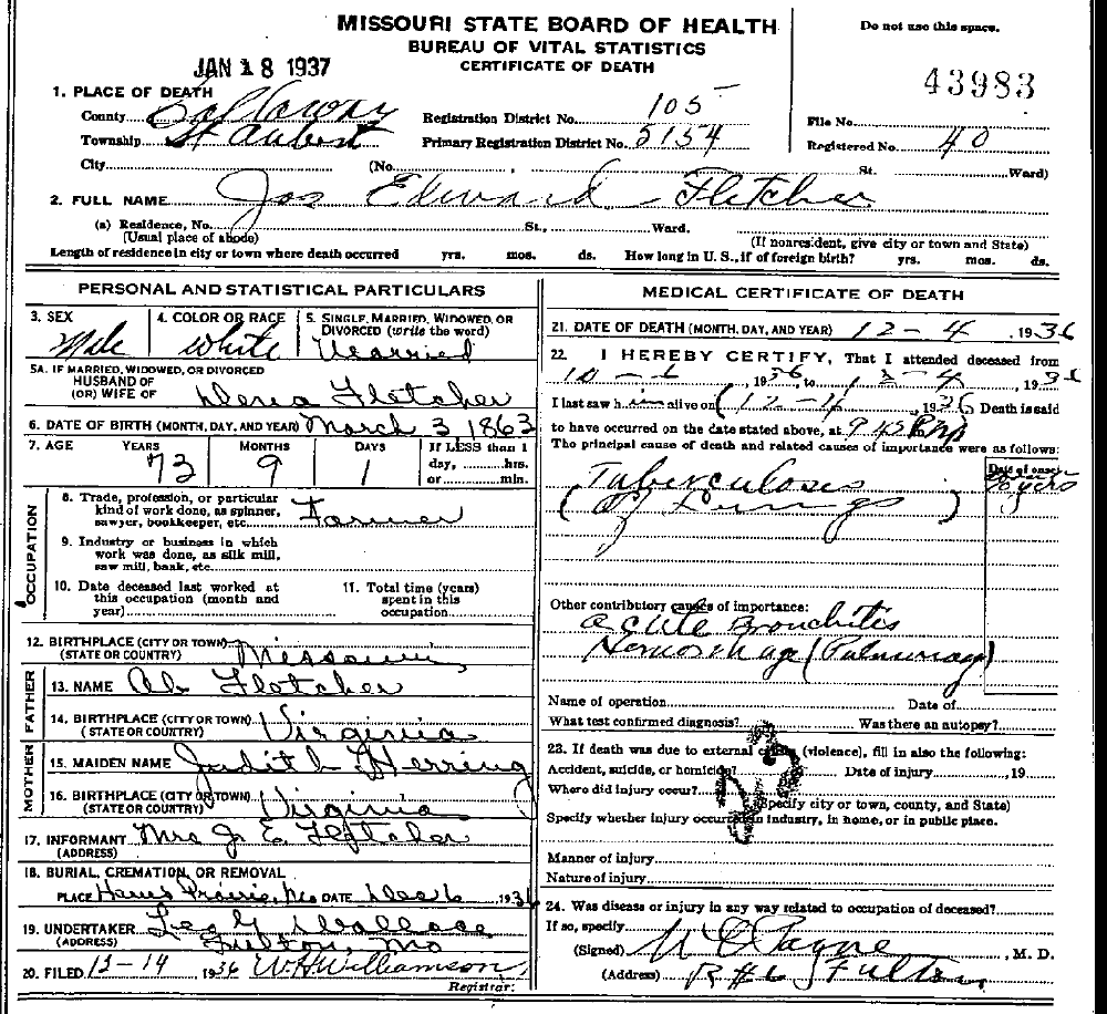 Death Certificate of Fletcher, James Edward