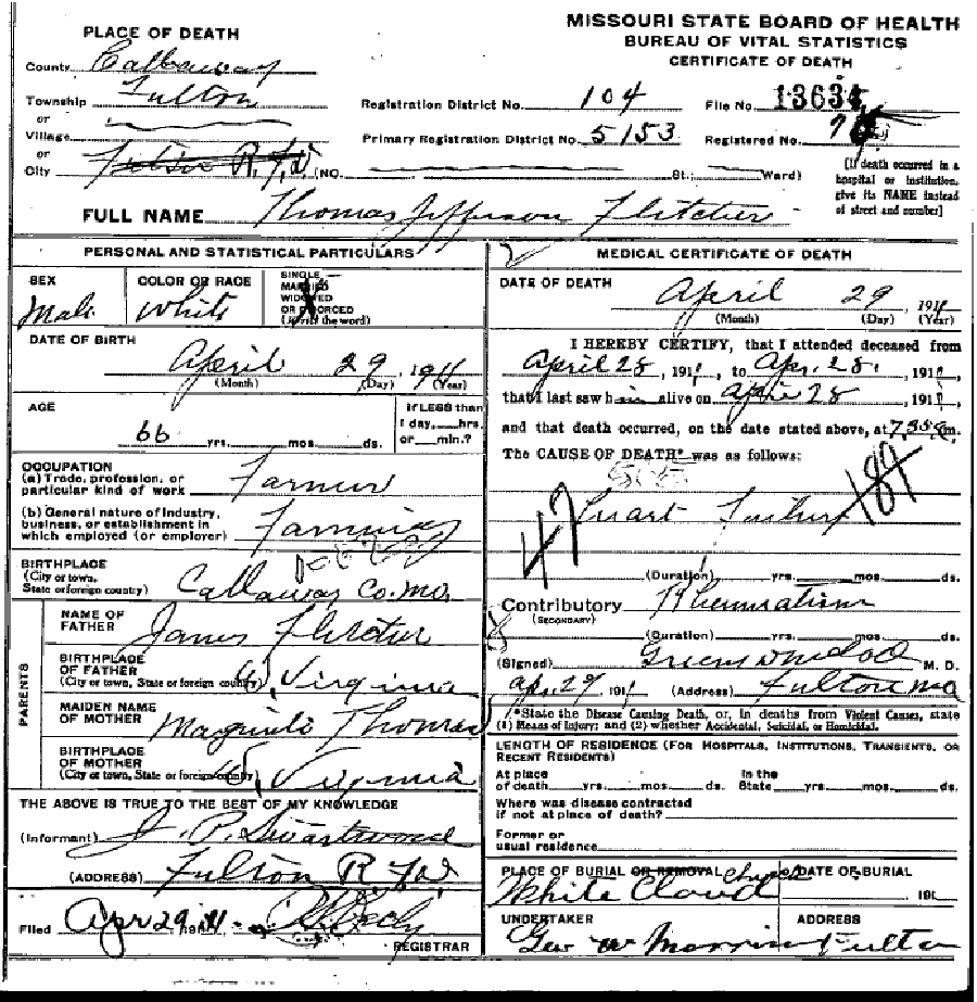 Death certificate of Fletcher, Thomas Jefferson