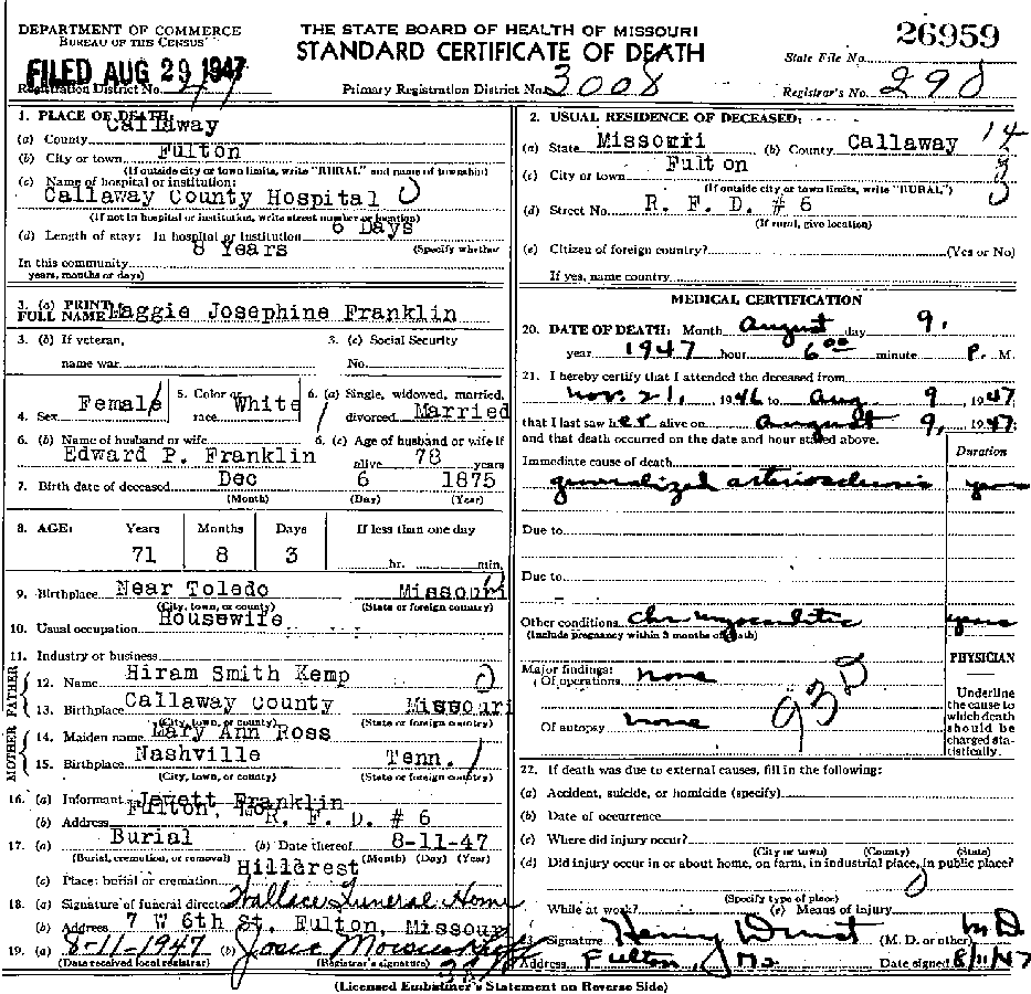 Death Certificate of Franklin, Maggie Josephine Kemp